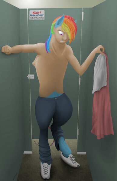 Size: 718x1112 | Tagged: safe, artist:geoffrey-mcdermott, banned from derpibooru, deleted from derpibooru, derpibooru import, rainbow dash, human, fanfic, bathroom, fanfic art, five score divided by four, human to pony, rule 63, solo, transformation, transgender transformation, wat