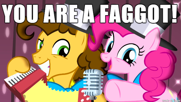 Size: 610x343 | Tagged: safe, banned from derpibooru, deleted from derpibooru, derpibooru import, cheese sandwich, pinkie pie, caption, faggot, image macro, meme, op is a faggot, reaction image, text, vulgar