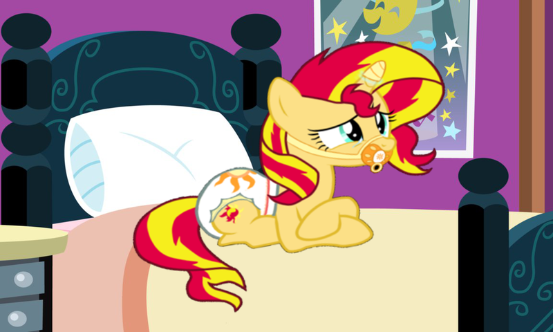 Size: 1153x692 | Tagged: questionable, artist:evilfrenzy, artist:oliver-england, banned from derpibooru, deleted from derpibooru, derpibooru import, editor:mrdoctorderpy, sunset shimmer, bed, diaper, diaper fetish, fetish, horn, horn cap, pacifier, pacifier gag