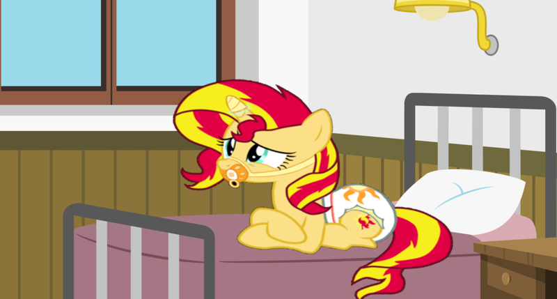 Size: 1221x654 | Tagged: questionable, artist:evilfrenzy, artist:oliver-england, banned from derpibooru, deleted from derpibooru, derpibooru import, edit, editor:mrdoctorderpy, sunset shimmer, copypasta, diaper, diaper fetish, fetish, horn, horn cap, pacifier, pacifier gag