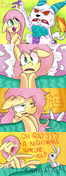 Size: 1313x3500 | Tagged: safe, artist:amarcato, banned from derpibooru, deleted from derpibooru, derpibooru import, angel bunny, fluttershy, do princesses dream of magic sheep, angelzilla, anger bunny, comic, drool, giga angel