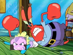 Size: 1024x764 | Tagged: safe, banned from derpibooru, deleted from derpibooru, derpibooru import, edit, diamond tiara, baby abuse, bad edit, mr. krabs, spongebob squarepants