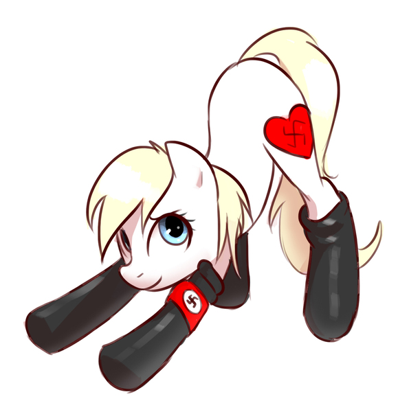 Size: 1407x1419 | Tagged: safe, artist:imalou, banned from derpibooru, deleted from derpibooru, derpibooru import, oc, oc:aryanne, unofficial characters only, alternate cutie mark, armband, ass, blonde, boots, butt, clothes, cute, female, fireproof boots, full body, iwtcird, looking up, meme, nazi, presenting, pure pony pleasure, shoes, socks, solo, swastika