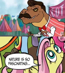 Size: 854x960 | Tagged: safe, banned from derpibooru, deleted from derpibooru, derpibooru import, fluttershy, dinosaur, tyrannosaurus rex, cotton candy, exploitable meme, jurassic park, meme, nature is so fascinating, obligatory pony