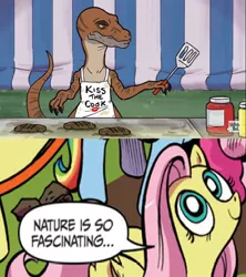 Size: 854x960 | Tagged: safe, banned from derpibooru, deleted from derpibooru, derpibooru import, fluttershy, dinosaur, velociraptor, apron, burger, clothes, cooking, exploitable meme, food, grill, hamburger, meme, nature is so fascinating, obligatory pony, spatula, tent
