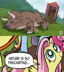 Size: 854x959 | Tagged: safe, banned from derpibooru, deleted from derpibooru, derpibooru import, fluttershy, dinosaur, triceratops, bathroom, exploitable meme, jurassic park, meme, nature is so fascinating, obligatory pony, sweat