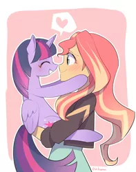 Size: 500x634 | Tagged: safe, artist:rinn11201, banned from derpibooru, deleted from derpibooru, derpibooru import, sunset shimmer, twilight sparkle, twilight sparkle (alicorn), alicorn, pony, equestria girls, blushing, boop, clothes, cute, dress, eyes closed, female, grin, heart, holding a pony, lesbian, looking at each other, noseboop, shipping, smiling, squee, sunsetsparkle