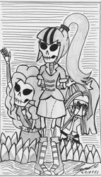 Size: 2415x4224 | Tagged: semi-grimdark, artist:atisuto17, banned from derpibooru, deleted from derpibooru, derpibooru import, adagio dazzle, aria blaze, sonata dusk, equestria girls, bone, dazzling, dia de los muertos, female, monochrome, skeleton, traditional art