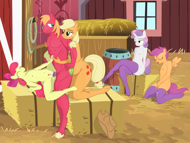 Size: 1481x1111 | Tagged: explicit, artist:el-doc, banned from derpibooru, deleted from derpibooru, derpibooru import, apple bloom, applejack, big macintosh, scootaloo, sweetie belle, anthro, unguligrade anthro, age difference, applecest, applemac, applemacbloom, big macintosh gets all the mares, breasts, clothes, crossed legs, cum, cutie mark crusaders, delicious flat chest, female, group sex, harem, image, incest, lolicon, macbloom, male, masturbation, nudity, penetration, png, pregnant, pubic hair, scootamac, sex, shipping, stallion on filly, stockings, straight, sweetiemac, teenager, thigh highs, threesome, underage, vaginal, vaginal secretions, voyeur, voyeurism, watching, young