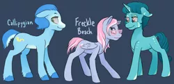 Size: 1280x618 | Tagged: safe, artist:charlie-bad-touch, banned from derpibooru, deleted from derpibooru, derpibooru import, oc, oc:callipygian, oc:freckle beach, oc:tyto, unofficial characters only, pegasus, pony, unicorn, glasses, short tail, unshorn fetlocks
