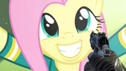 Size: 889x500 | Tagged: semi-grimdark, banned from derpibooru, deleted from derpibooru, derpibooru import, screencap, fluttershy, edgy, gun, weapon