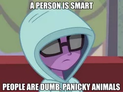 Size: 728x550 | Tagged: safe, banned from derpibooru, deleted from derpibooru, derpibooru import, screencap, sci-twi, twilight sparkle, equestria girls, friendship games, antisocial twilight, caption, clothes, forced meme, hoodie, image macro, meme, men in black, movie quote, movie reference, text