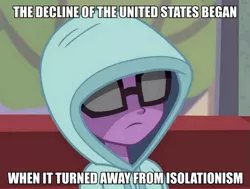 Size: 729x550 | Tagged: safe, banned from derpibooru, deleted from derpibooru, derpibooru import, screencap, sci-twi, twilight sparkle, equestria girls, friendship games, antisocial twilight, caption, clothes, forced meme, hoodie, image macro, libertarian, meme, text