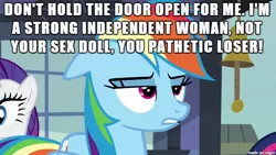 Size: 610x343 | Tagged: suggestive, banned from derpibooru, deleted from derpibooru, derpibooru import, rainbow dash, activist, annoyed, background pony strikes again, bait, caption, dramabait, feminist, image macro, meme, misandry, mouthpiece, obvious troll, reaction image, social justice warrior, text, this is bait, tumblr