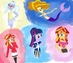 Size: 959x833 | Tagged: safe, artist:flight-of-the-moon, banned from derpibooru, deleted from derpibooru, derpibooru import, adagio dazzle, sugarcoat, sunset shimmer, twilight sparkle, mermaid, equestria girls, friendship games, alternate costumes, alternate hairstyle, blushing