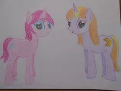 Size: 1280x960 | Tagged: safe, artist:snails-flowers, banned from derpibooru, deleted from derpibooru, derpibooru import, fuchsia blush, lavender lace, ponified, pony, equestria girls, rainbow rocks, background human, drawing, duo, equestria girls ponified, traditional art