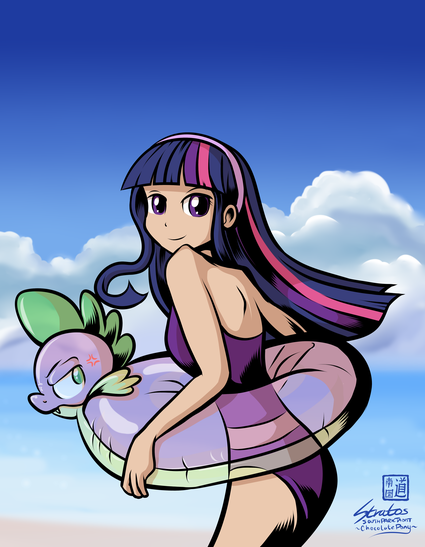 Size: 425x547 | Tagged: safe, artist:southparktaoist, banned from derpibooru, deleted from derpibooru, derpibooru import, edit, spike, twilight sparkle, human, beach, clothes, cropped, floaty, humanized, inanimate tf, inflatable, looking at you, one-piece swimsuit, solo, swimsuit, transformation