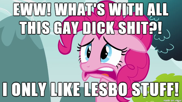 Size: 610x343 | Tagged: questionable, banned from derpibooru, deleted from derpibooru, derpibooru import, pinkie pie, drama bait, female, gross, image, lesbian, nasty, png, reaction image, sick, vulgar
