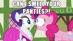 Size: 610x343 | Tagged: suggestive, banned from derpibooru, deleted from derpibooru, derpibooru import, screencap, pinkie pie, rarity, background pony strikes again, caption, clothes, eye bulging, image macro, meme, panties, text, underwear