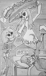 Size: 2494x4151 | Tagged: semi-grimdark, artist:atisuto17, banned from derpibooru, deleted from derpibooru, derpibooru import, rainbow dash, twilight sparkle, oc, oc:fausticorn, alicorn, equestria girls, bone, dead, death, dia de los muertos, female, lauren faust, monochrome, skeleton, traditional art