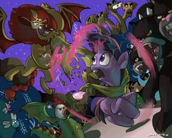 Size: 1000x800 | Tagged: safe, artist:docwario, banned from derpibooru, deleted from derpibooru, derpibooru import, part of a set, cerberus (character), twilight sparkle, cerberus, cockatrice, hydra, manticore, parasprite, multiple heads, three heads