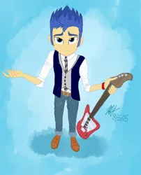 Size: 800x989 | Tagged: safe, artist:flight-of-the-moon, banned from derpibooru, deleted from derpibooru, derpibooru import, flash sentry, equestria girls, alternate costumes, guitar, looking at you, musical instrument, solo