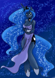 Size: 600x847 | Tagged: safe, artist:chalodillo, artist:derpyhooves113, banned from derpibooru, deleted from derpibooru, derpibooru import, princess luna, anthro, unguligrade anthro, breasts, cleavage, clothes, looking at you, midriff, side slit, skirt, solo, trace