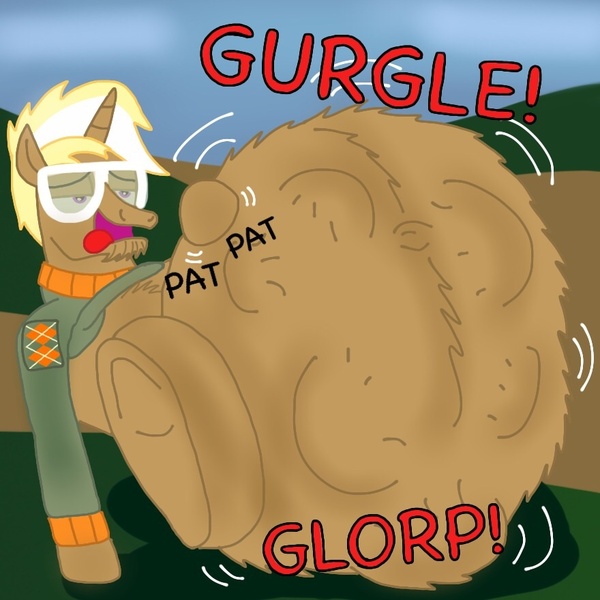 Size: 880x880 | Tagged: questionable, artist:stagemanager6, banned from derpibooru, deleted from derpibooru, derpibooru import, applejack, rarity, trenderhoof, simple ways, belly, fetish, stomach noise, vore