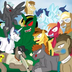 Size: 880x880 | Tagged: semi-grimdark, artist:stagemanager6, banned from derpibooru, deleted from derpibooru, derpibooru import, big macintosh, braeburn, doctor caballeron, doctor whooves, donut joe, shining armor, soarin', thunderlane, time turner, trenderhoof, oc, oc:stage, oc:thunder flash, earth pony, pony, backwards cutie mark, bad end, hat, imminent vore, looking at you, male, males only, old cutie mark, pith helmet, red eyes, red eyes take warning, stallion