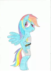 Size: 1700x2338 | Tagged: safe, artist:laurelcrown, banned from derpibooru, deleted from derpibooru, derpibooru import, rainbow dash, anthro, bandeau, belly button, midriff, solo, traditional art