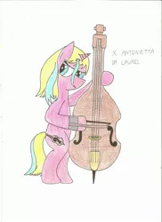 Size: 1700x2338 | Tagged: safe, artist:laurelcrown, banned from derpibooru, deleted from derpibooru, derpibooru import, bass guitar, music, musical instrument, solo, traditional art