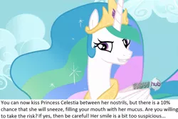 Size: 1022x688 | Tagged: suggestive, banned from derpibooru, deleted from derpibooru, derpibooru import, screencap, princess celestia, keep calm and flutter on, bedroom eyes, bronybait, challenge, disgusting, eww, fetish, grin, looking at you, meta, mucus, nostril fetish, not salmon, smiling, sneezing, sneezing fetish, solo, wat