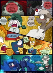 Size: 3000x4091 | Tagged: safe, artist:amarcato, banned from derpibooru, deleted from derpibooru, derpibooru import, princess luna, spitfire, oc, oc:caroline, oc:eschar, oc:pierson, oc:reginald, oc:willow, comic:lunar isolation, blushing, comic