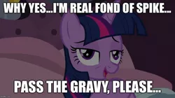 Size: 888x499 | Tagged: safe, banned from derpibooru, deleted from derpibooru, derpibooru import, twilight sparkle, princess spike (episode), calvin and hobbes, caption, image macro, implied ponies eating meat, meme, sleepy, solo, text