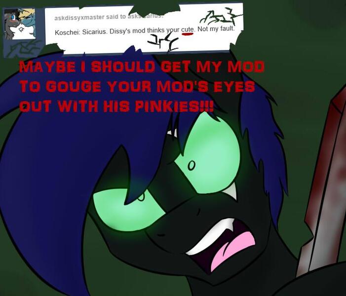 Size: 800x685 | Tagged: safe, artist:esf-shadow, banned from derpibooru, deleted from derpibooru, derpibooru import, oc, oc:sicarius, bat pony, changeling, ask sicarius, 2edgy4me, fangs, knife, tumblr