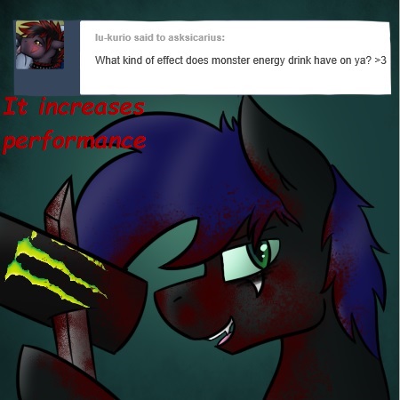 Size: 450x450 | Tagged: questionable, artist:esf-shadow, banned from derpibooru, deleted from derpibooru, derpibooru import, oc, oc:sicarius, bat pony, changeling, ask sicarius, blood, energy drink, fangs, knife, monster energy, tumblr