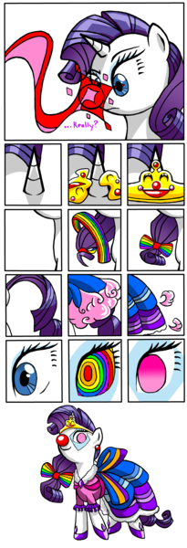 Size: 3280x9580 | Tagged: safe, artist:tf-circus, banned from derpibooru, deleted from derpibooru, derpibooru import, rarity, unicorn, clothes, clown, clown nose, comic, dress, female, glimmer joy, hypnosis, magic, mind control, solo, transformation