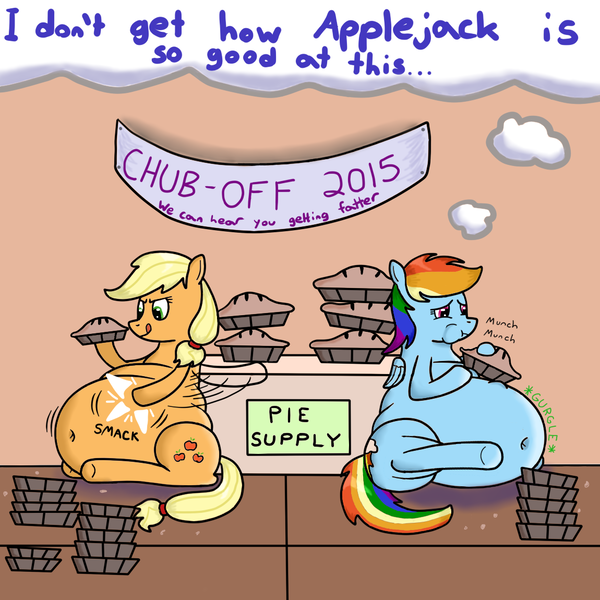 Size: 1150x1150 | Tagged: safe, artist:dullpoint, banned from derpibooru, deleted from derpibooru, derpibooru import, applejack, rainbow dash, belly, belly button, fat, food, pie, stomach noise, tongue out