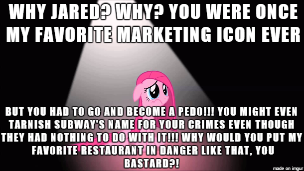 Size: 610x343 | Tagged: suggestive, banned from derpibooru, deleted from derpibooru, derpibooru import, pinkie pie, caption, food, image macro, jared fogle, meme, pedophilia, sad, subway, text