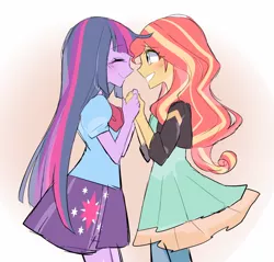 Size: 600x573 | Tagged: safe, artist:rinn11201, banned from derpibooru, deleted from derpibooru, derpibooru import, sunset shimmer, twilight sparkle, equestria girls, blushing, clothes, dress, female, holding hands, lesbian, shipping, skirt, sunsetsparkle