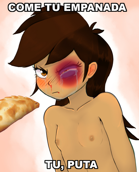 Size: 826x1024 | Tagged: grimdark, questionable, artist:dambitail, banned from derpibooru, deleted from derpibooru, derpibooru import, edit, oc, oc:maría teresa de los ponyos paguetti, human, abuse, abuse edit, black eye, blood, breasts, clothes, crying, delicious flat chest, empanada, food, humanized, nudity, partial nudity, topless, ya es hora
