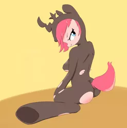 Size: 2309x2336 | Tagged: suggestive, artist:dambitail, banned from derpibooru, deleted from derpibooru, derpibooru import, pinkie pie, anthro, unguligrade anthro, ass, bedroom eyes, bodysuit, breasts, butt, erect nipples, fake horn, female, nipple outline, nipples, nudity, pinkamena diane pie, sideboob, solo, solo female, underboob