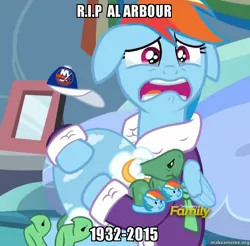 Size: 800x788 | Tagged: safe, banned from derpibooru, deleted from derpibooru, derpibooru import, screencap, rainbow dash, tank, bathrobe, cap, clothes, crying, discovery family logo, hat, hockey, ice hockey, meme, memorial, new york islanders, nhl, obligatory pony, rest in peace, robe, slippers, tank slippers