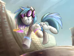 Size: 1018x764 | Tagged: safe, artist:blitzpony, banned from derpibooru, deleted from derpibooru, derpibooru import, vinyl scratch, unicorn, city, female, glowstick, ipod, mare, mp3 player, music player, solo