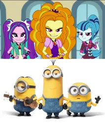 Size: 1024x1203 | Tagged: safe, banned from derpibooru, deleted from derpibooru, derpibooru import, screencap, adagio dazzle, aria blaze, sonata dusk, equestria girls, rainbow rocks, bob, comparison, kevin, minions, stuart, the dazzlings