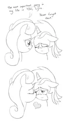 Size: 1074x1948 | Tagged: safe, artist:manual-monaro, banned from derpibooru, deleted from derpibooru, derpibooru import, bon bon, lyra heartstrings, sweetie drops, crying, dialogue, female, heart (organ), kissing, lesbian, lyrabon, monochrome, newbie artist training grounds, organs, shipping, wip