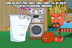Size: 540x359 | Tagged: safe, banned from derpibooru, deleted from derpibooru, derpibooru import, adult swim, aqua teen hunger force, cartoon network, crossover, frylock, master shake, meatwad, smile song