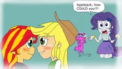 Size: 720x409 | Tagged: safe, artist:resotii, banned from derpibooru, deleted from derpibooru, derpibooru import, applejack, rarity, sunset shimmer, human, equestria girls, appleshimmer, blushing, comic, crying, female, humanized, lesbian, looking at each other, shipping, shipping denied, sunsetjack, watermark