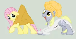 Size: 955x497 | Tagged: safe, artist:sjart117, banned from derpibooru, deleted from derpibooru, derpibooru import, derpy hooves, fluttershy, clothes, costume, derpyshy, female, lesbian, ms paint, samosa, shipping
