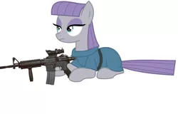 Size: 1441x920 | Tagged: safe, banned from derpibooru, deleted from derpibooru, derpibooru import, maud pie, acog, food, happy maud, m4a1, pie, solo